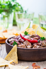  Beef and black bean chili served with corn tortilla chips