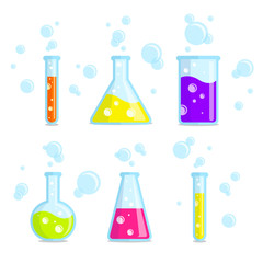 Test tubes, beakers, flasks and bubbles. Vector colorful icons.