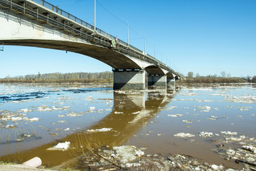 Ice drift and river in spring day