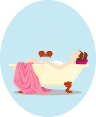 Young woman has a bath. Retro style illustration.