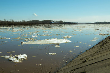 Ice drift and river in spring day