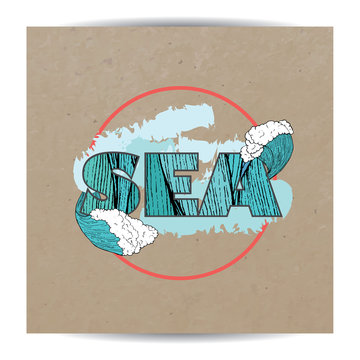 marine abstract poster. hand drawn sea waves decoration on kraft background. 