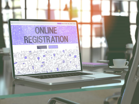 Online Registration Concept. Closeup Landing Page on Laptop Screen in Doodle Design Style. On Background of Comfortable Working Place in Modern Office. Blurred, Toned Image. 3D Render.