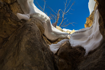 View of blue sky from caves.