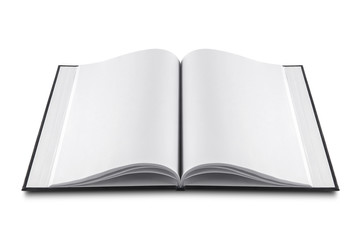 Opened book with blank pages on a white background..