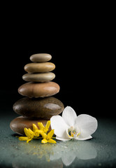 Obraz na płótnie Canvas balancing zen stones on black with white flower