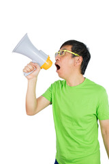 Asian Chinese Man Shouting with a Megaphone
