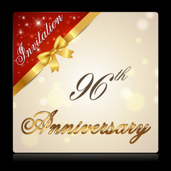 96 year anniversary celebration golden ribbon, anniversary decorative golden invitation card - vector eps10