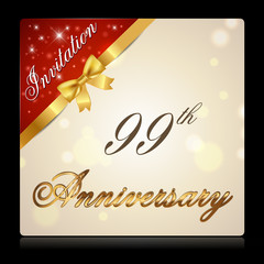 99 year anniversary celebration golden ribbon, anniversary decorative golden invitation card - vector eps10