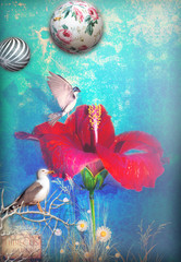 Blue background with  hibiscus and birds