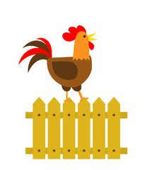 rooster sitting on wooden fence illustration in flat style isolated on white background