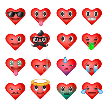 Set of heart emoticons, emoji smiley faces