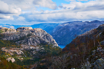 View over the  mountain tops and Lysefjord inlet, seen on the way to the Pulpit Rock