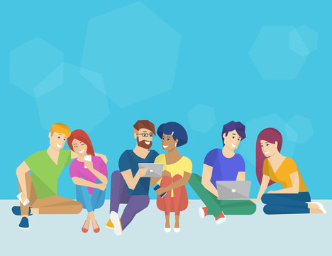 Group of creative people using smartphone, laptop and tablet pc sitting on the floor and talking each other. Flat concept illustration of creative thinking and working with modern electronic devices 
