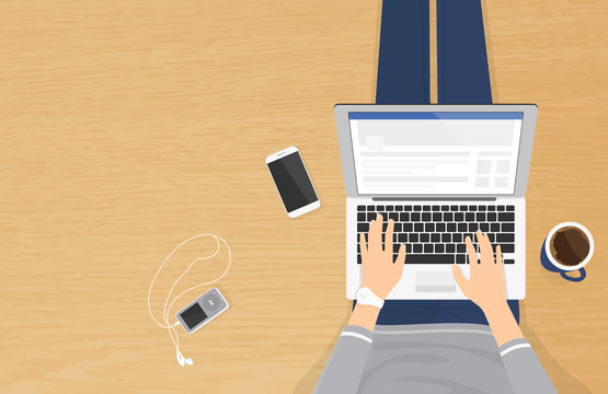 Woman sitting on the wooden textured floor and working with laptop in social networks. Realistic illistration top view of people relaxing at home using laptop and typing 