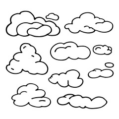 Hand Drawn Cloud Set. Silhouette Vector Illustration . Isolated On White Background.