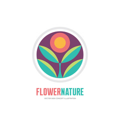 Flower nature - vector logo concept illustration in flat style design for corporate identity. Nature floral logo sign. Organic product logo. Flower with leaves in circle shape. Vector logo template.
