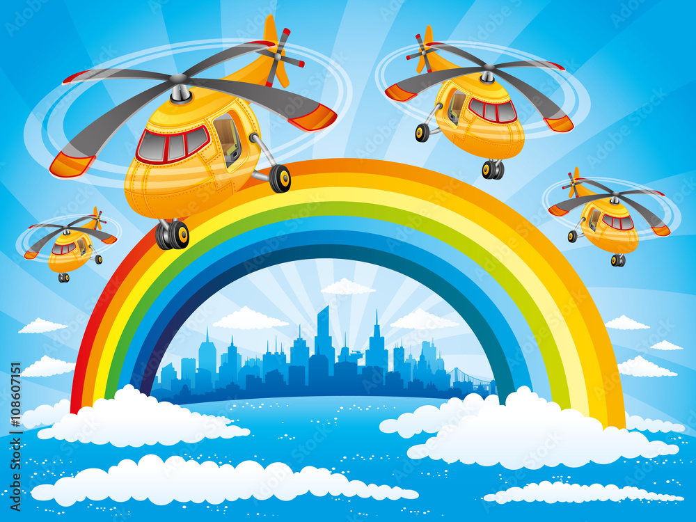 Poster rainbow, clouds and helicopters.