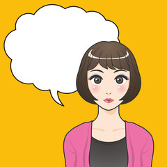 asian woman character with balloon, various pose and expression, cartoon illustration like japanese animation, vector