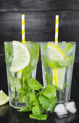 Lemonade in glass with mint, lemon and ice
