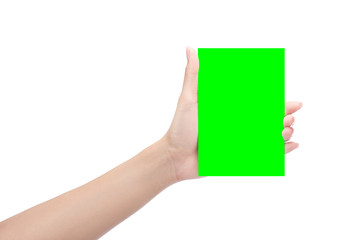 Hands hold business card in green chroma key,isolated with clipping path