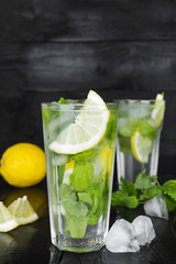 Lemonade in glass with mint, lemon and ice