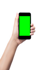 Woman hand holding mobile smart phone with green screen isolated with clipping path
