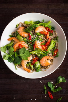 soba noodles with shrimps and vegetables. Asian food