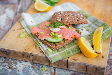 Sandwich with cereals bread and salmon