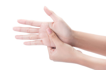 Acute pain in a woman palm, a woman massaging her painful hand isolated with clipping path