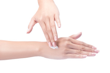 Beautiful young woman hands with cream, isolated on white with clipping path