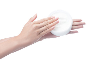 Woman hands with cream,woman applying cream isolated on white with clipping path