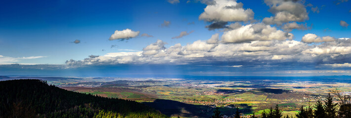 Panoramic overview to Alsace from abbey Mont Saint Odile. Spring