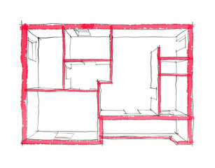 2D illustration freehand sketch of empty roofless home apartment