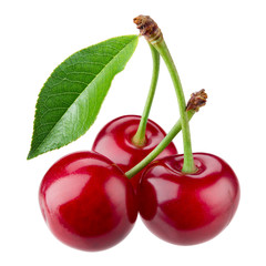 Cherry with leaves isolated on white background.
