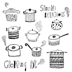 Cute cooking pots and lettering. Outline vector set. Trendy background for scrapbook paper, textile, web and packaging.