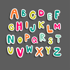 Sticker alphabet. Hand drawn doodle abc, vector illustration.