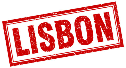 Lisbon red square grunge stamp on white