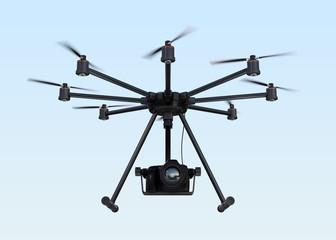 Octocopter with DSLR camera flying in the sky. 3D rendering image.