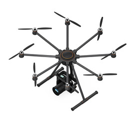 Octocopter with DSLR camera isolated on white background. 3D rendering image with clipping path.