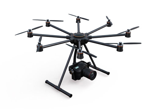 Octocopter with DSLR camera isolated on white background. 3D rendering image with clipping path.