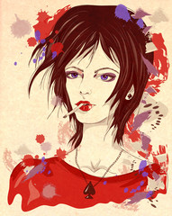 The Queen of Spades. Girl with a cigarette. Fashion illustration on abstract textured background