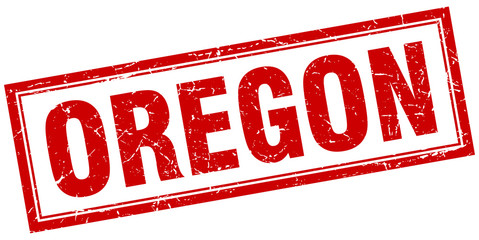 Oregon red square grunge stamp on white