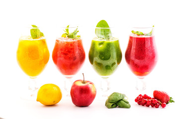 healthy colorful smoothies with fresh fruits isolated on white background. Detox and diet food concept and background