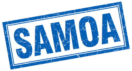 Samoa blue square grunge stamp on white