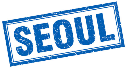 Seoul blue square grunge stamp on white