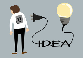 business man with light idea bulb plug socket. creative idea concept flat vector
