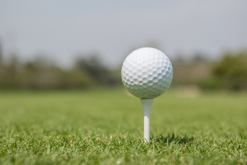 Golf ball on tee off zone with blurred golf course background.