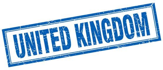 United Kingdom blue square grunge stamp on white