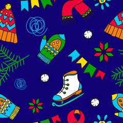 winter seamless pattern with skates and mittens